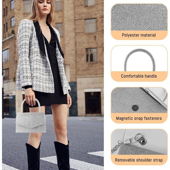 🆕Women Silver Leather Evening Clutch Purse with Detachable Chain, Crossbody - Picture 5 of 7